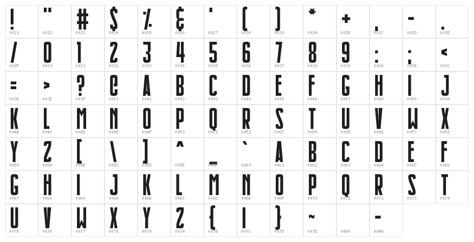Slimlines Character Map