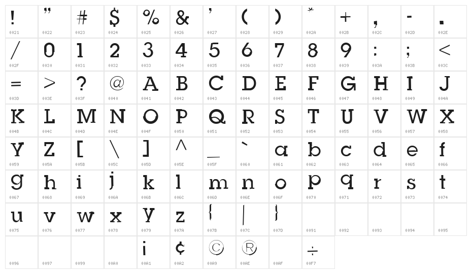 Slug Bug Open Regular Character Map