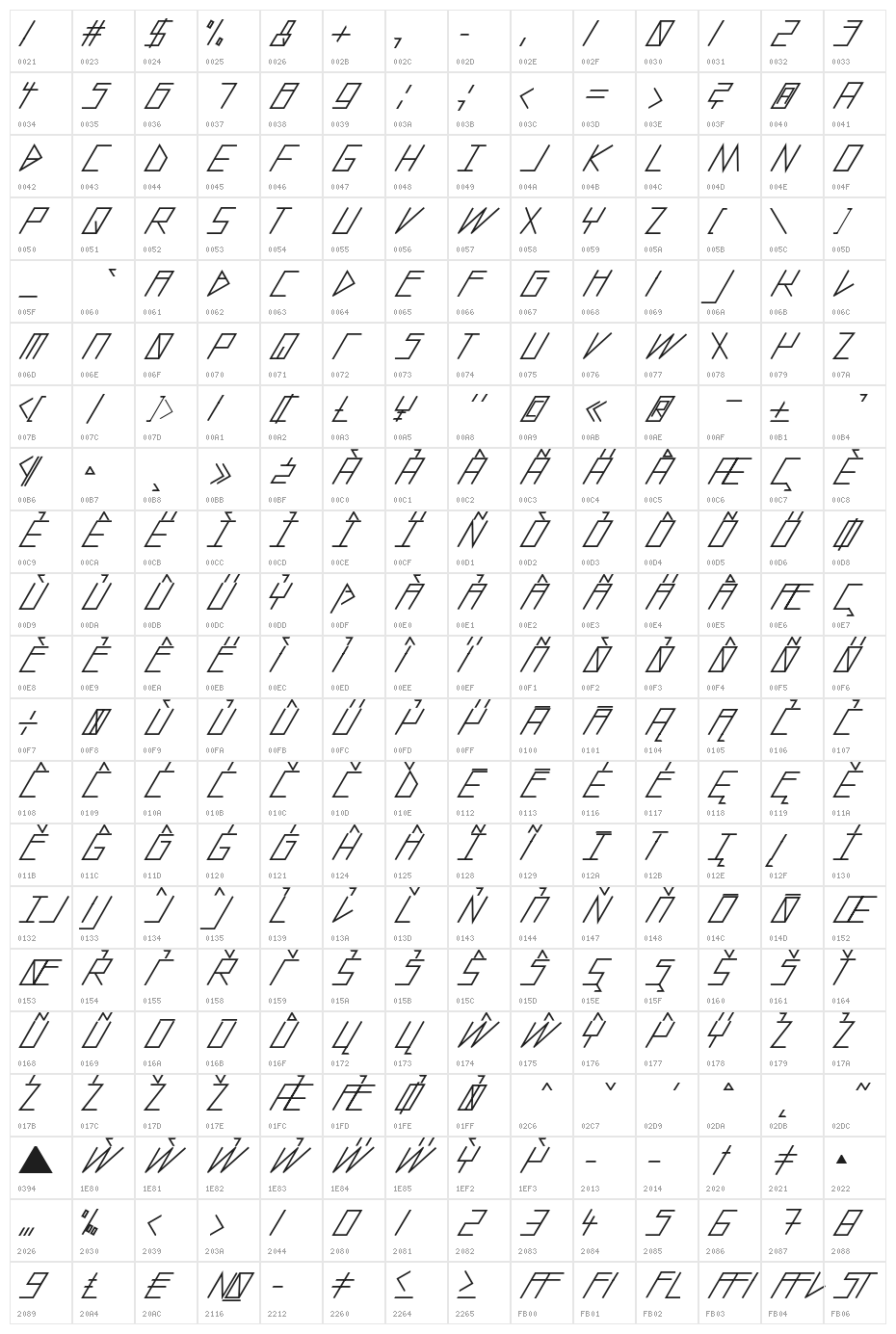 slantedITALICshift-Bold Character Map