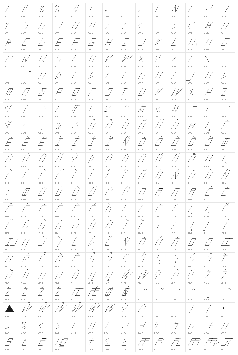 slantedITALICshift-Light Character Map