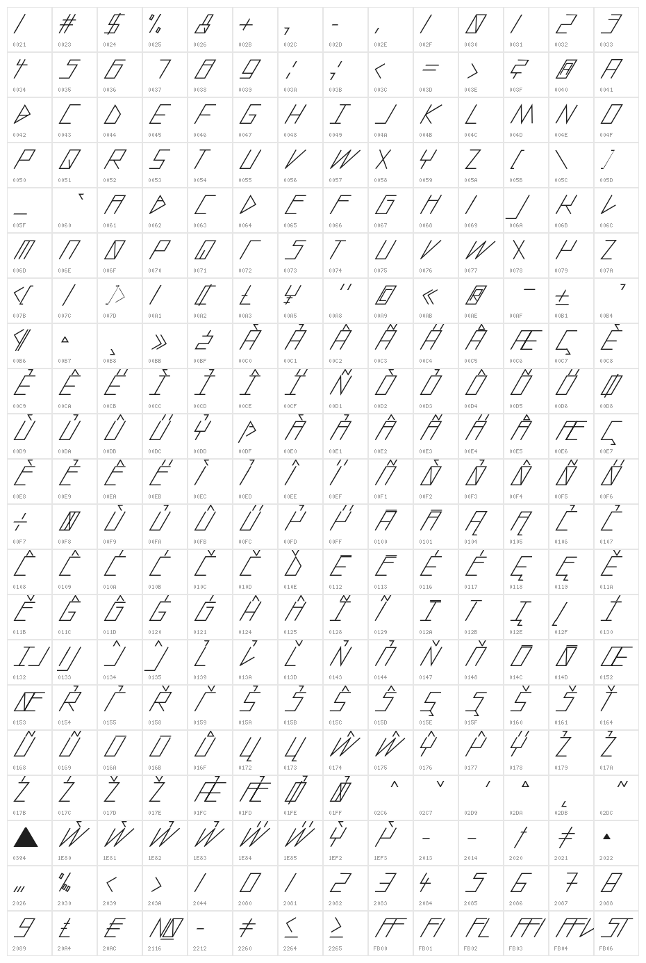 slantedITALICshift-Medium Character Map