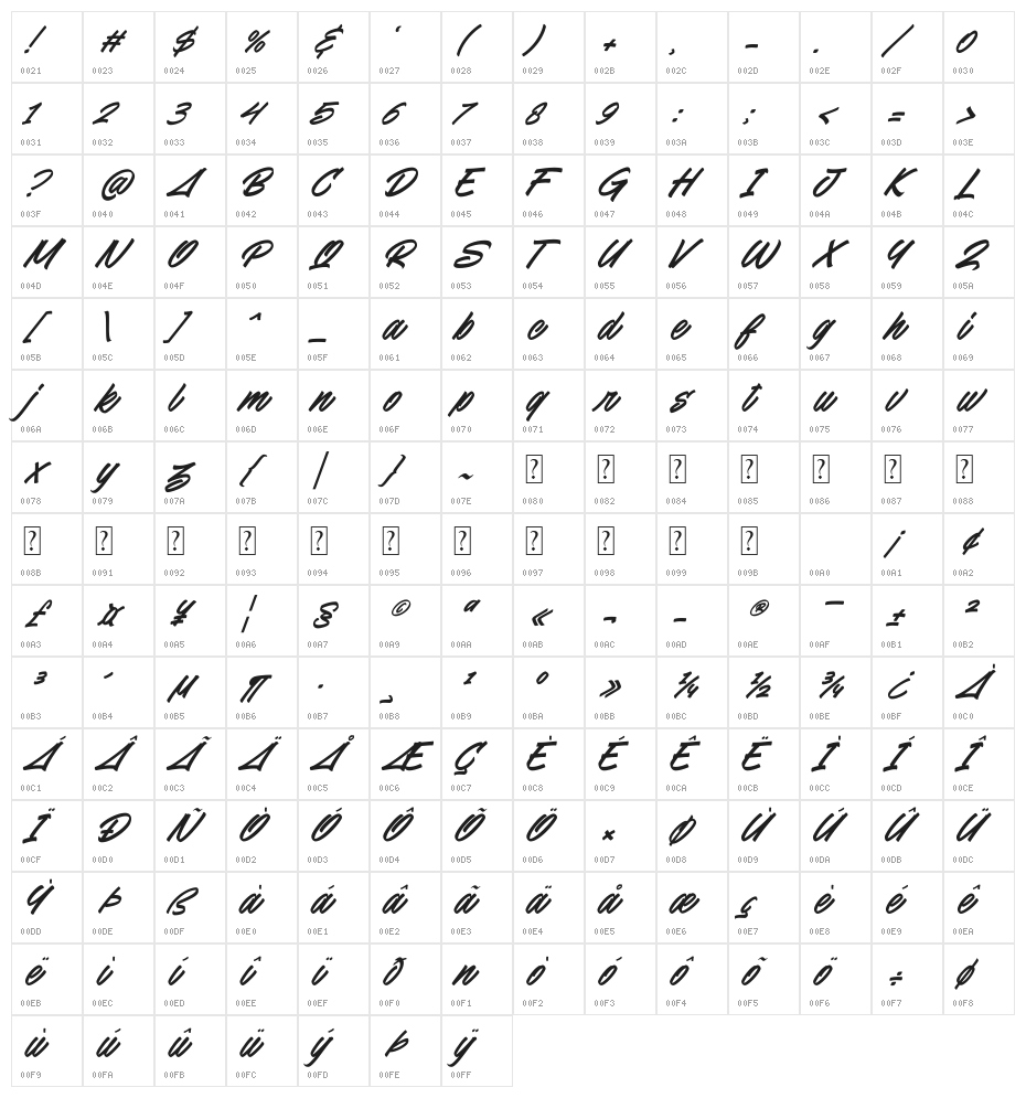 Snooky Italic Character Map