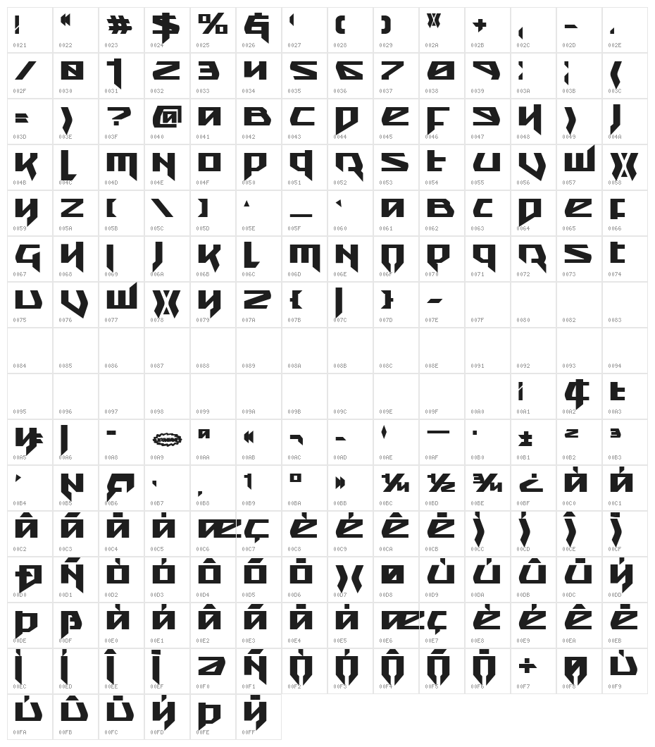 Snubfighter Bold Character Map