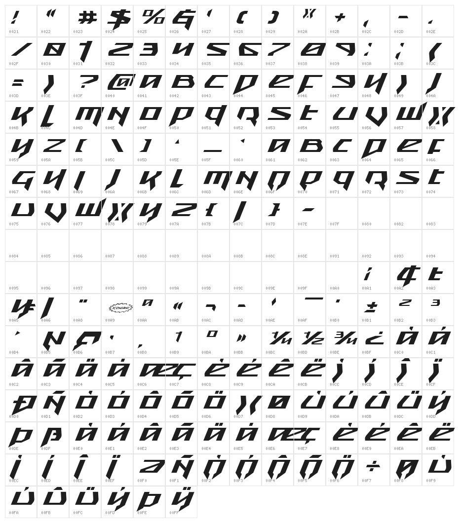 Snubfighter Expanded Italic Character Map