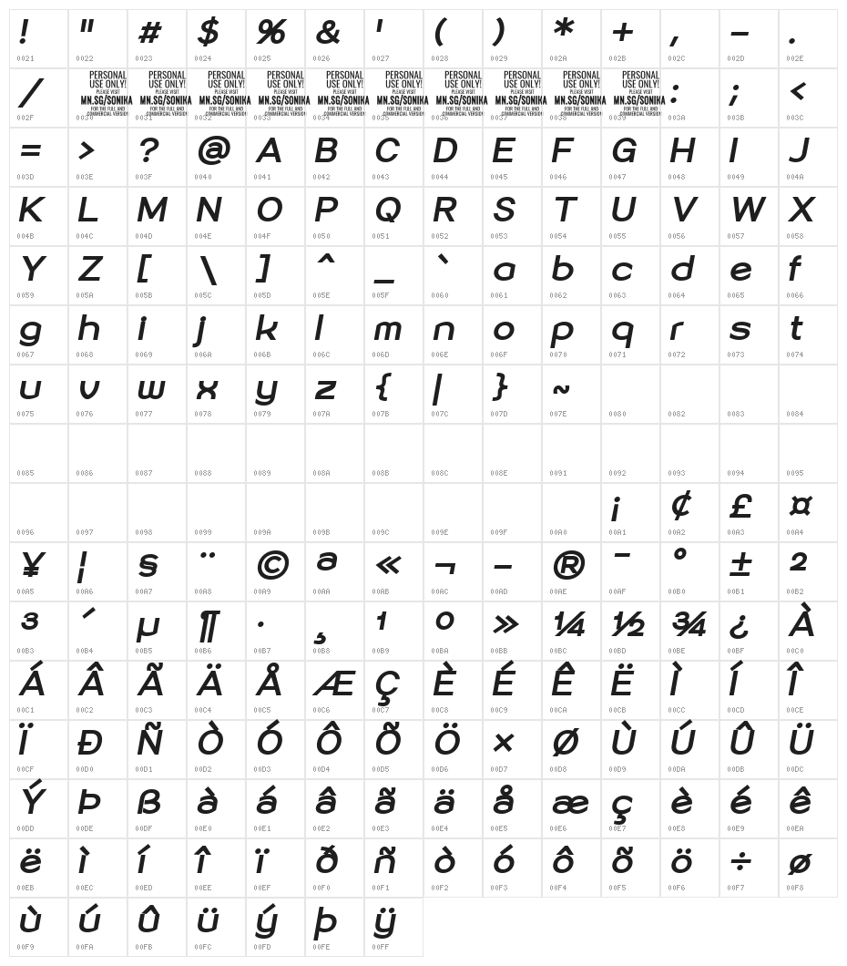 Sonika PERSONAL USE Bold Italic Character Map