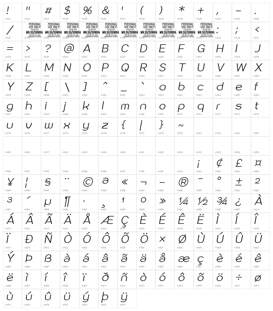 Sonika PERSONAL USE Light Italic Character Map