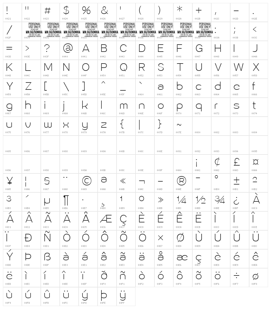 Sonika PERSONAL USE Thin Character Map