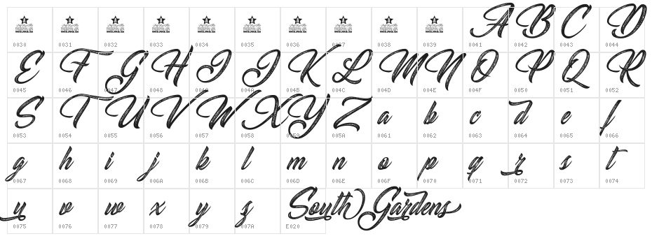 South Gardens Personal Use Character Map