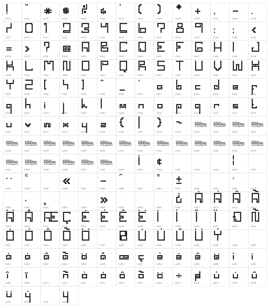 SPACEWORM Character Map