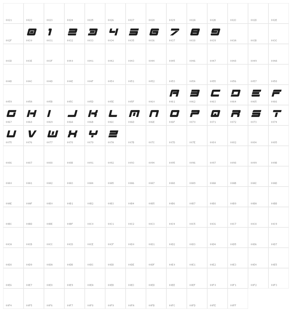Spac3-Techv17-Italic Character Map