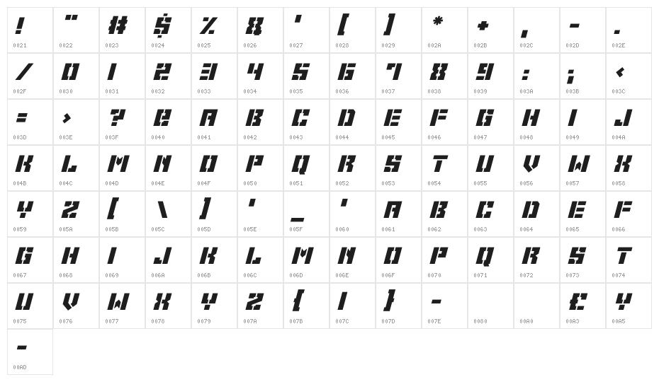 Space Cadets Italic Character Map