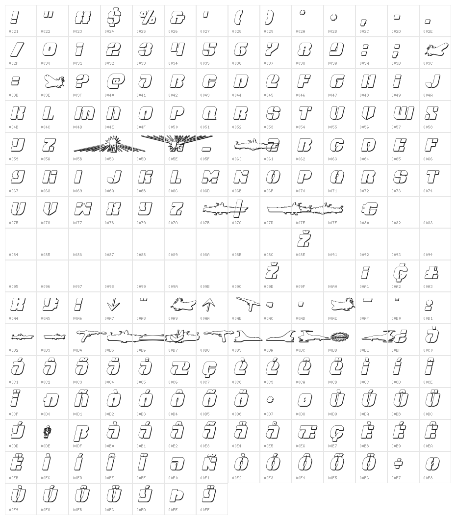 Space Cruiser 3D Italic Character Map