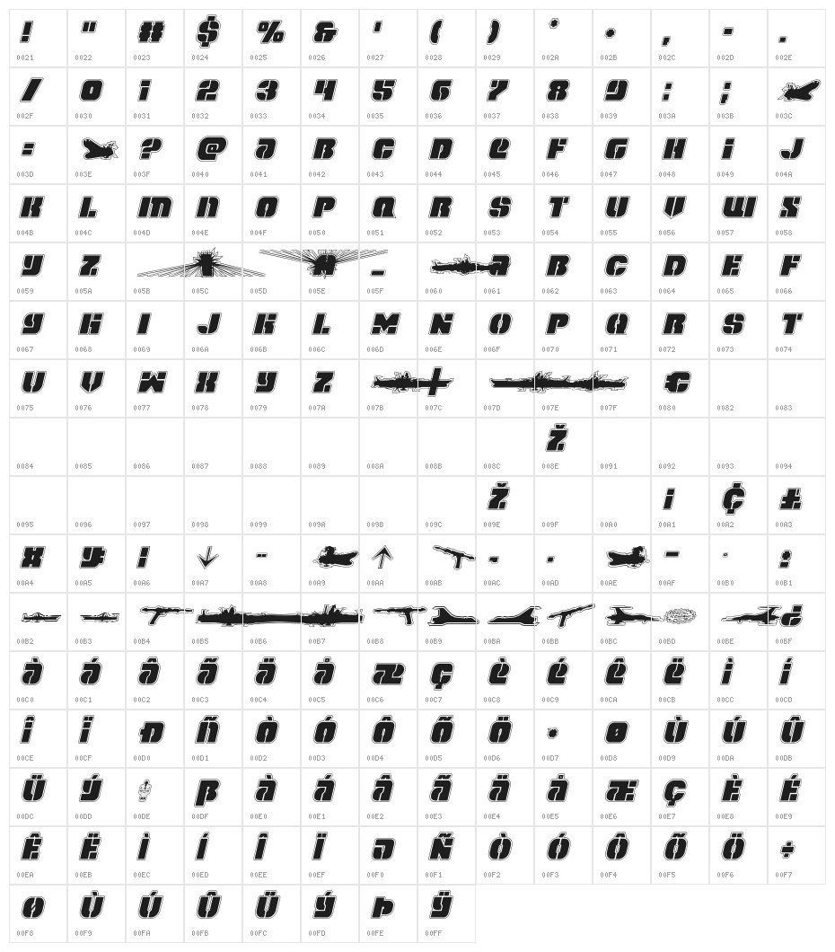 Space Cruiser Academy Italic Character Map