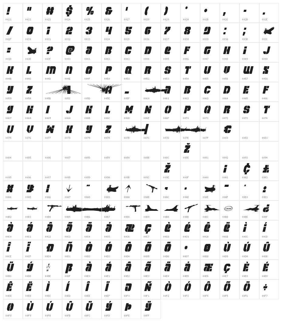Space Cruiser Condensed Italic Character Map