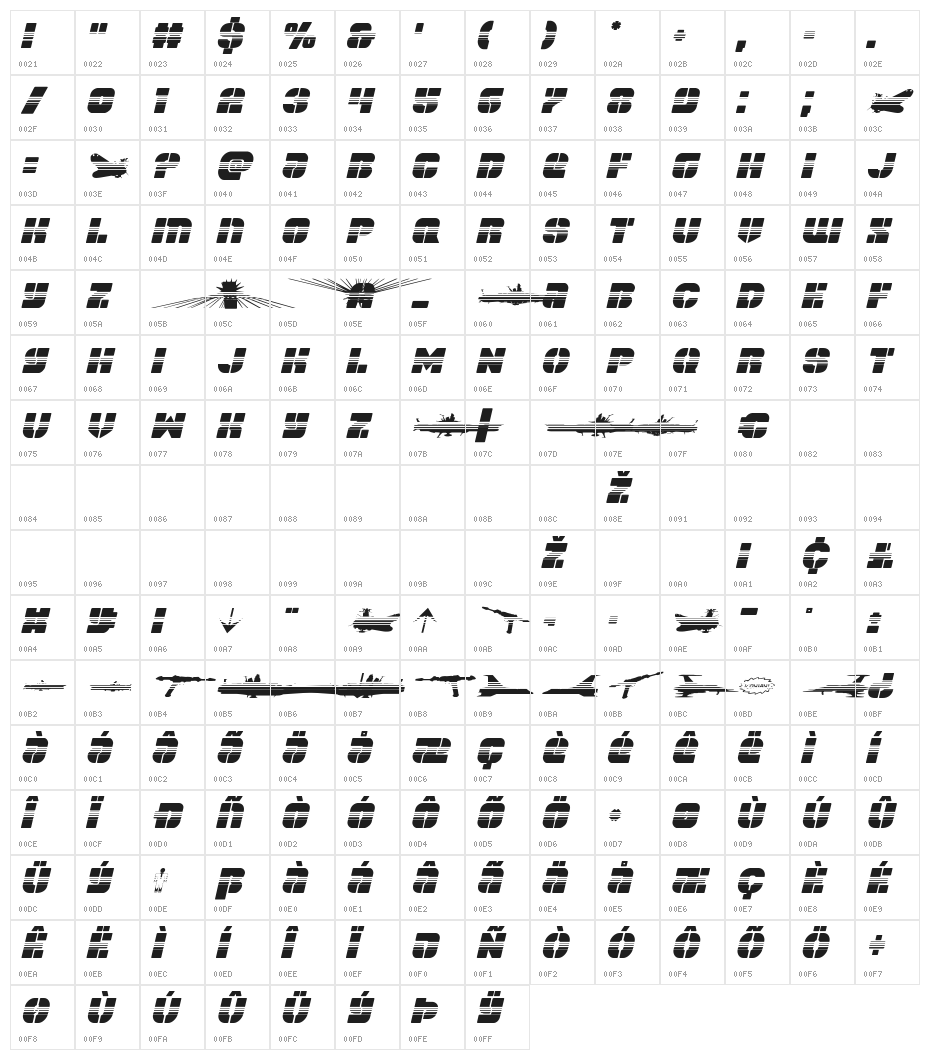 Space Cruiser Halftone Italic Character Map