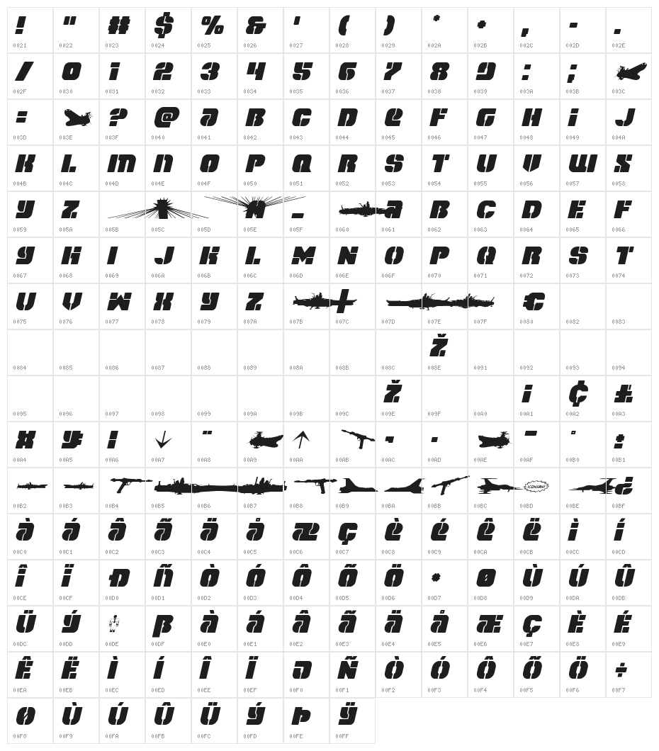 Space Cruiser Italic Character Map