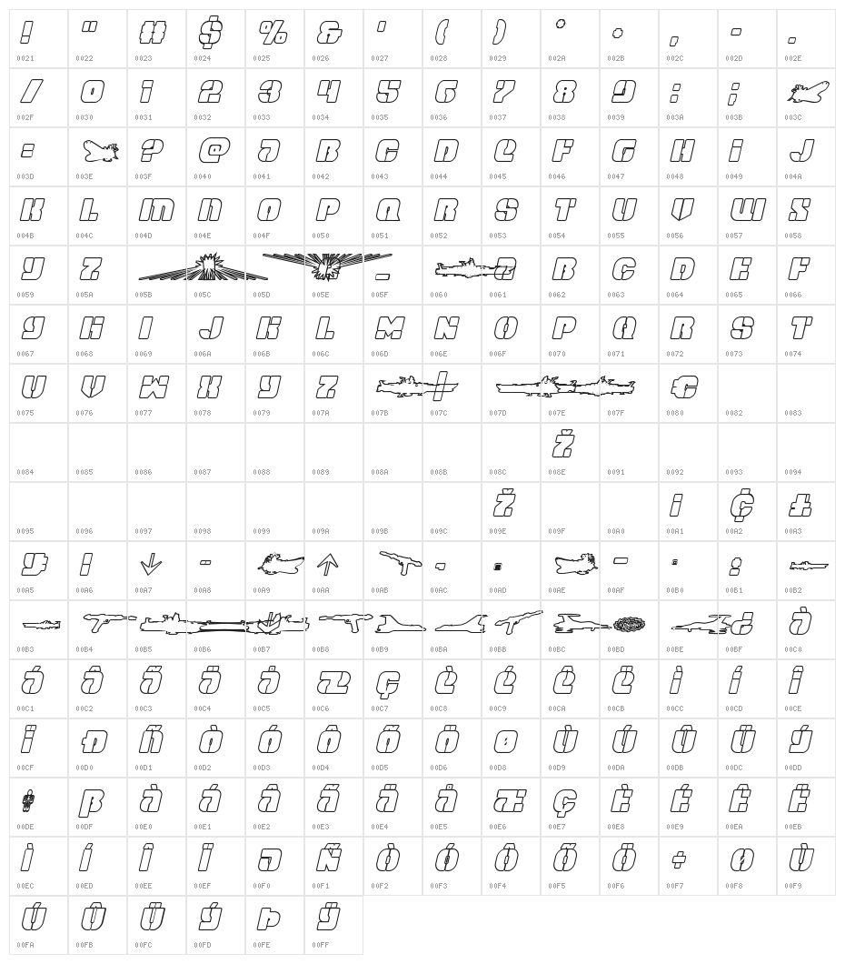 Space Cruiser Outline Italic Character Map
