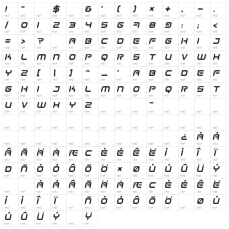 Space Frigate Italic Character Map