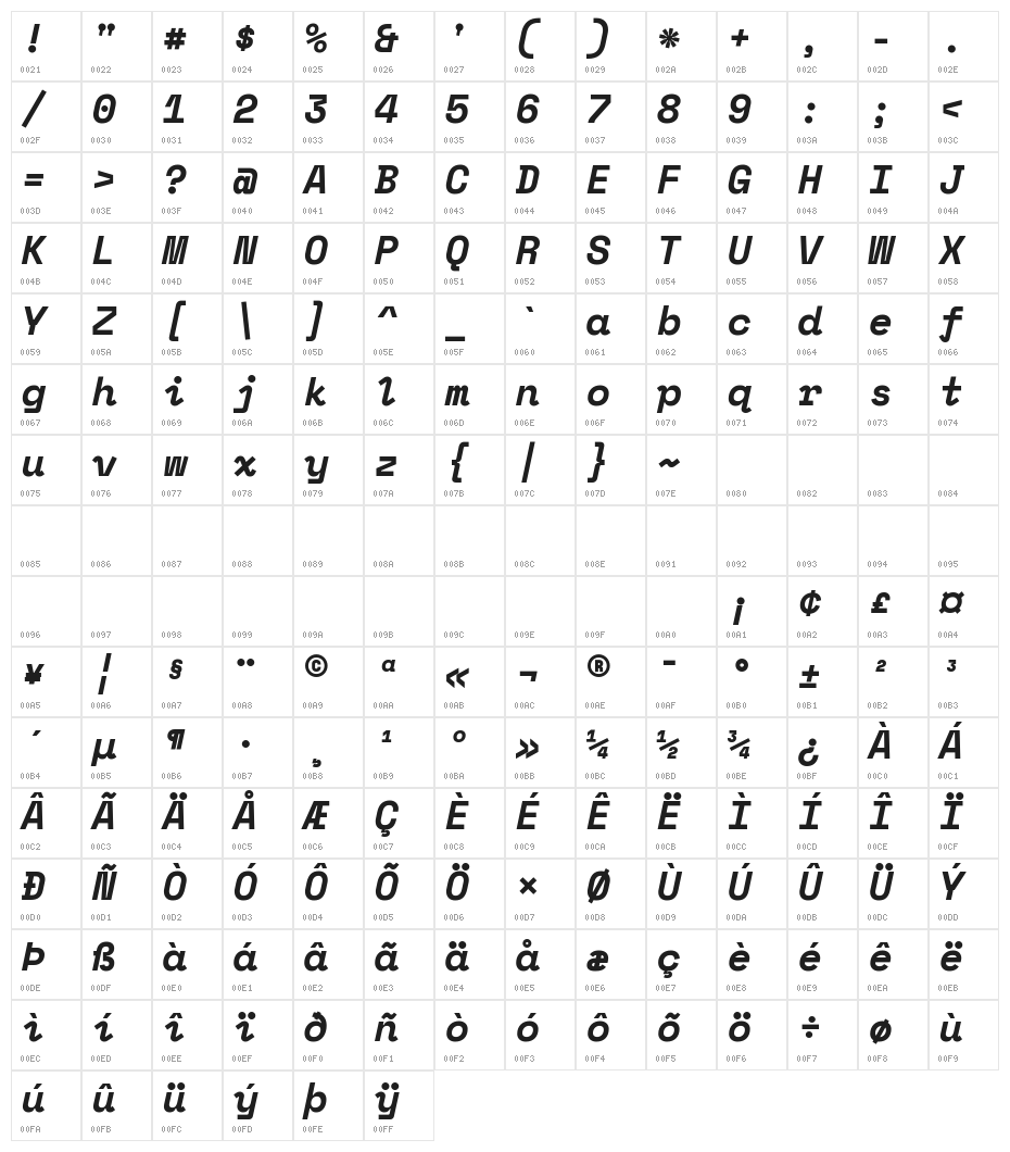 Space Mono Bold Italic Character Map