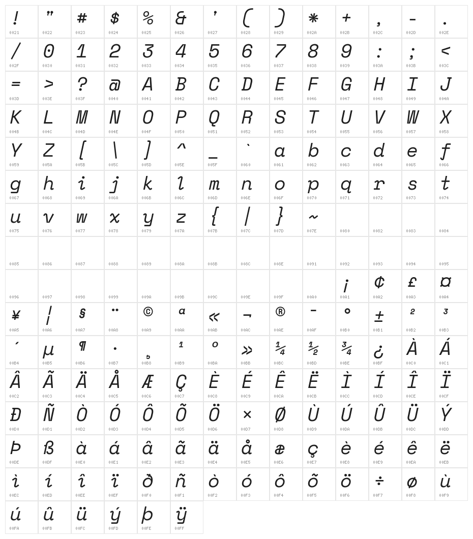 Space Mono Italic Character Map