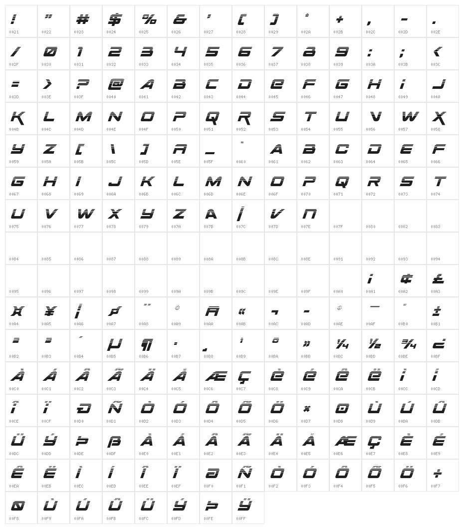 Space Ranger Halftone Italic Character Map