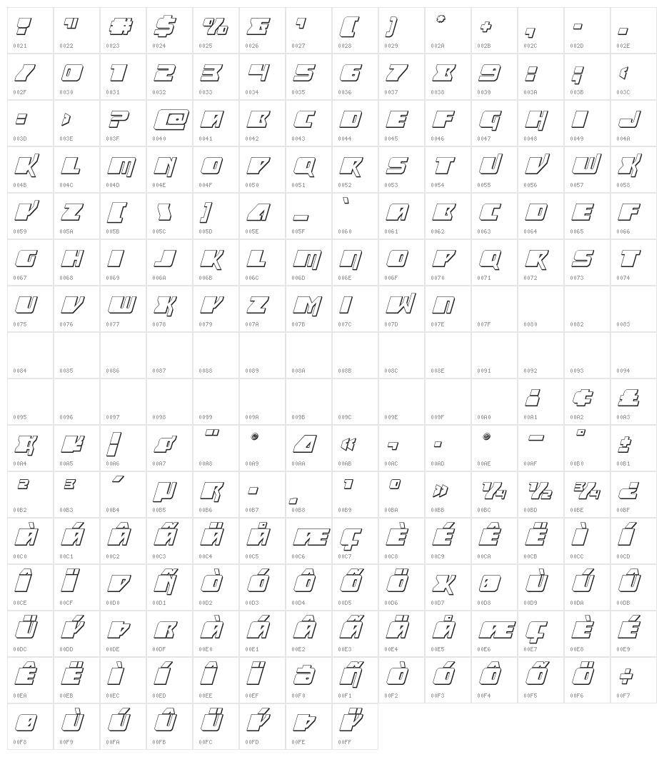 Space Runner 3D Italic Character Map