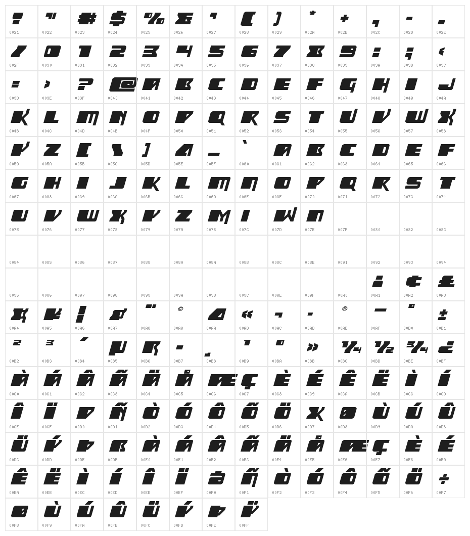 Space Runner Expanded Italic Character Map