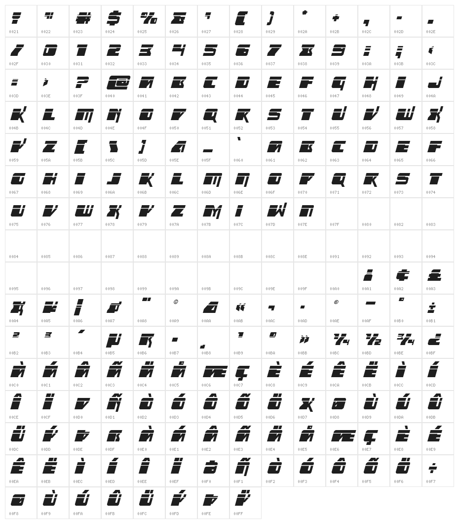 Space Runner Laser Italic Character Map