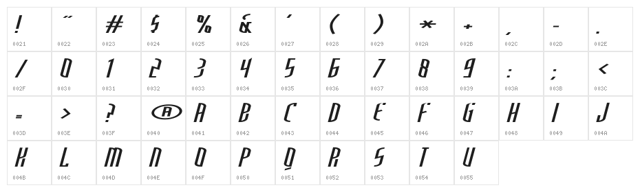 SpaceCowboyOblique Character Map
