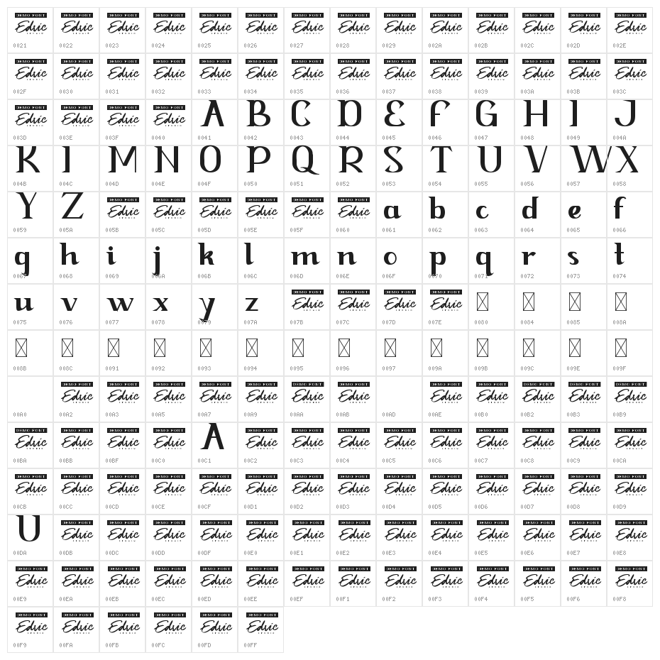 Spark Night Demo Bold Character Map