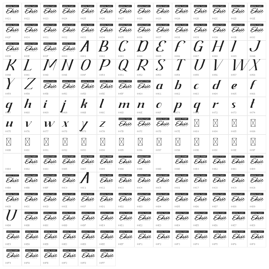Spark Night Demo Italic Character Map