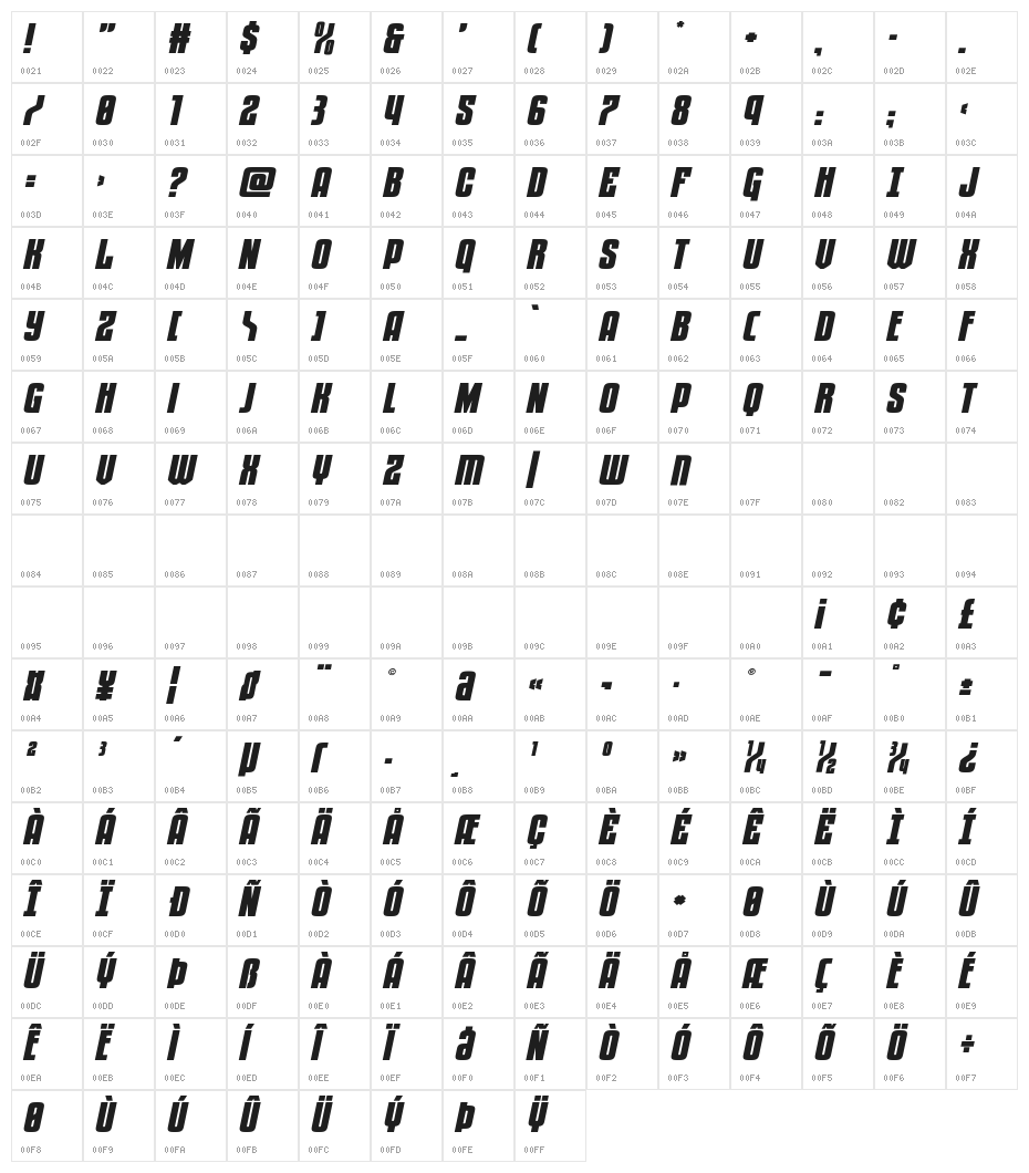 Special Agent Expanded Italic Character Map