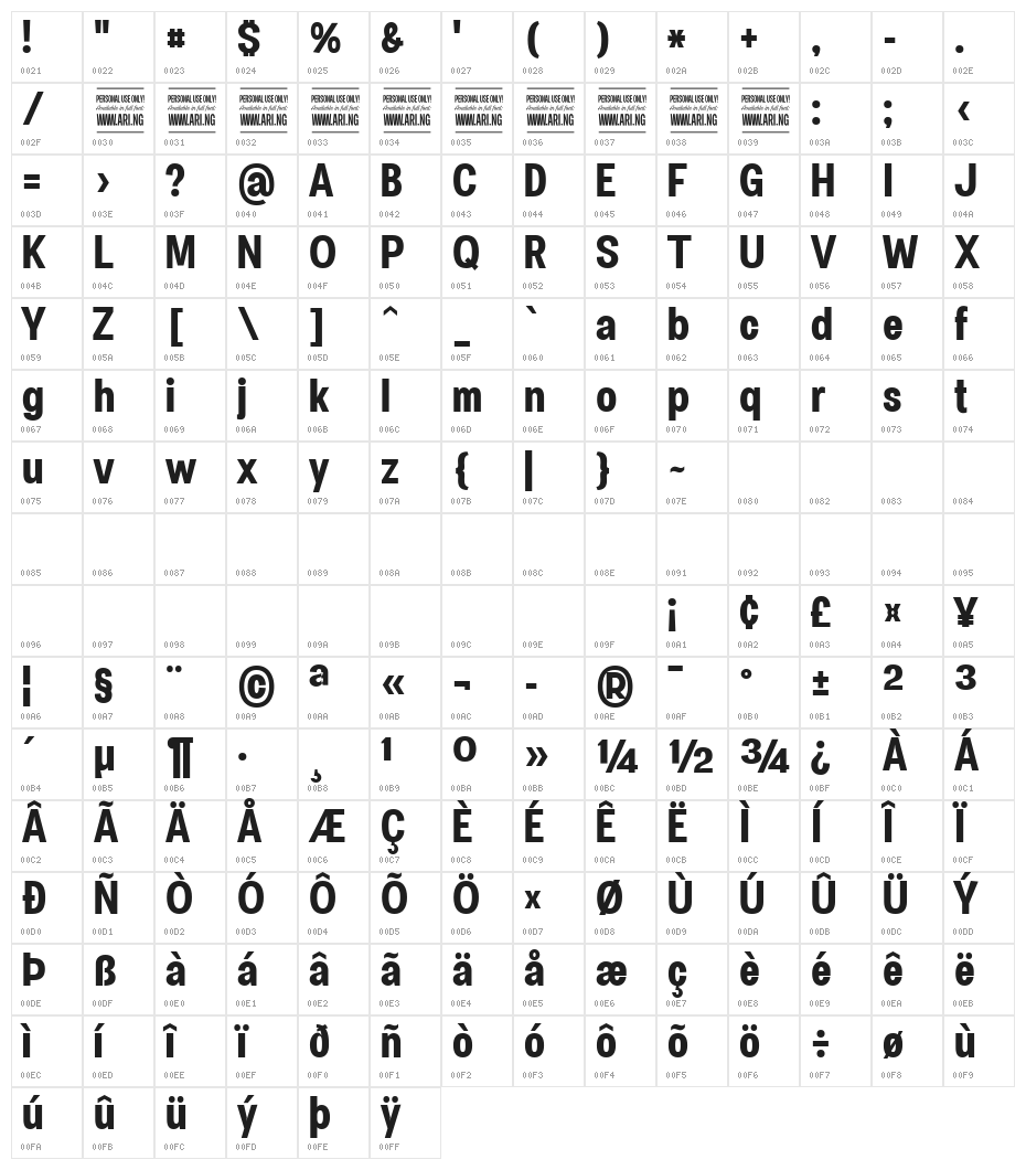 Specify PERSONAL Condensed Bold Character Map