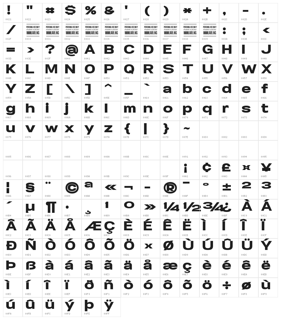 Specify PERSONAL Expanded Black Character Map