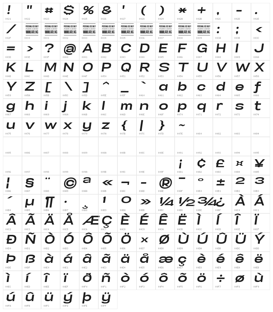 Specify PERSONAL Expanded Bold Italic Character Map