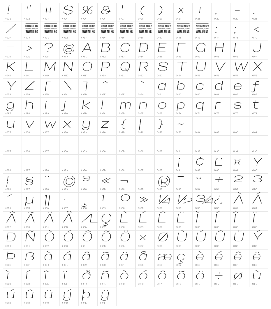 Specify PERSONAL Expanded Light Italic Character Map