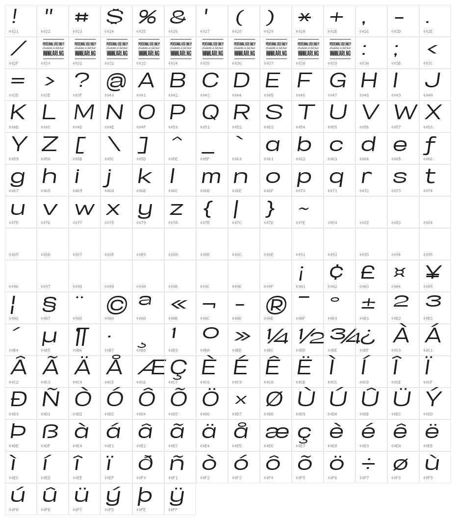 Specify PERSONAL Expanded Medium Italic Character Map