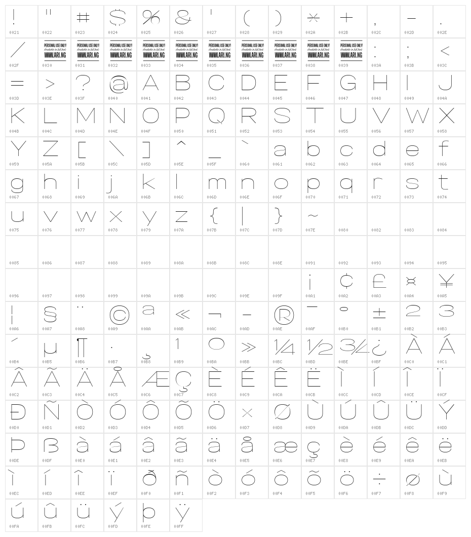 Specify PERSONAL Expanded Thin Character Map