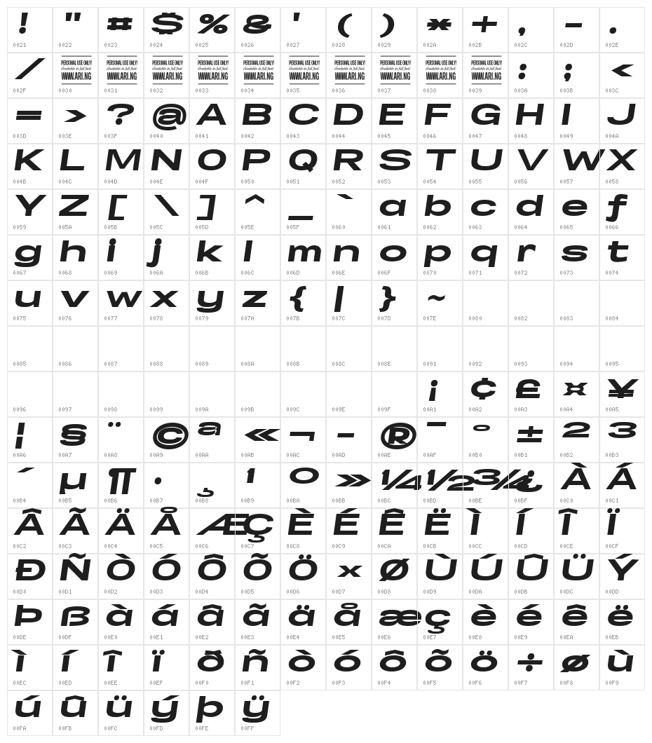 Specify PERSONAL Extraexpanded Black Italic Character Map