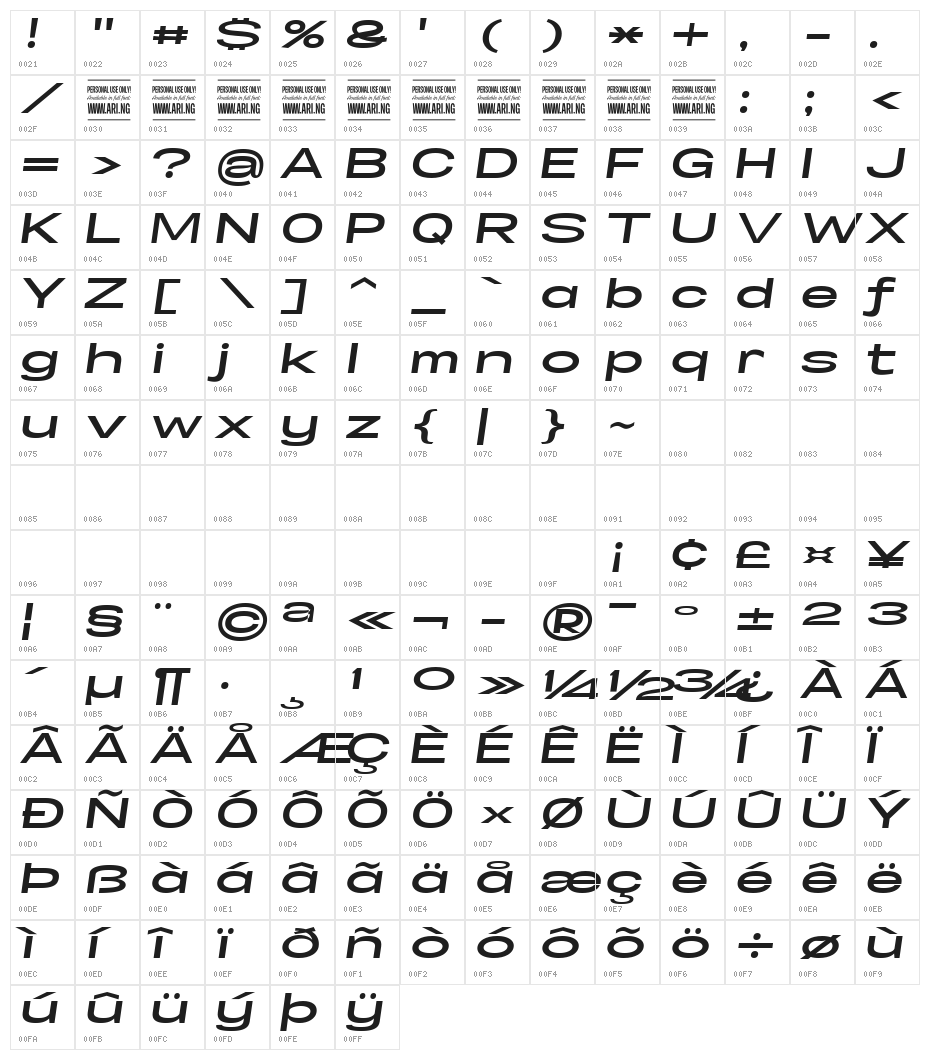 Specify PERSONAL Extraexpanded Bold Italic Character Map