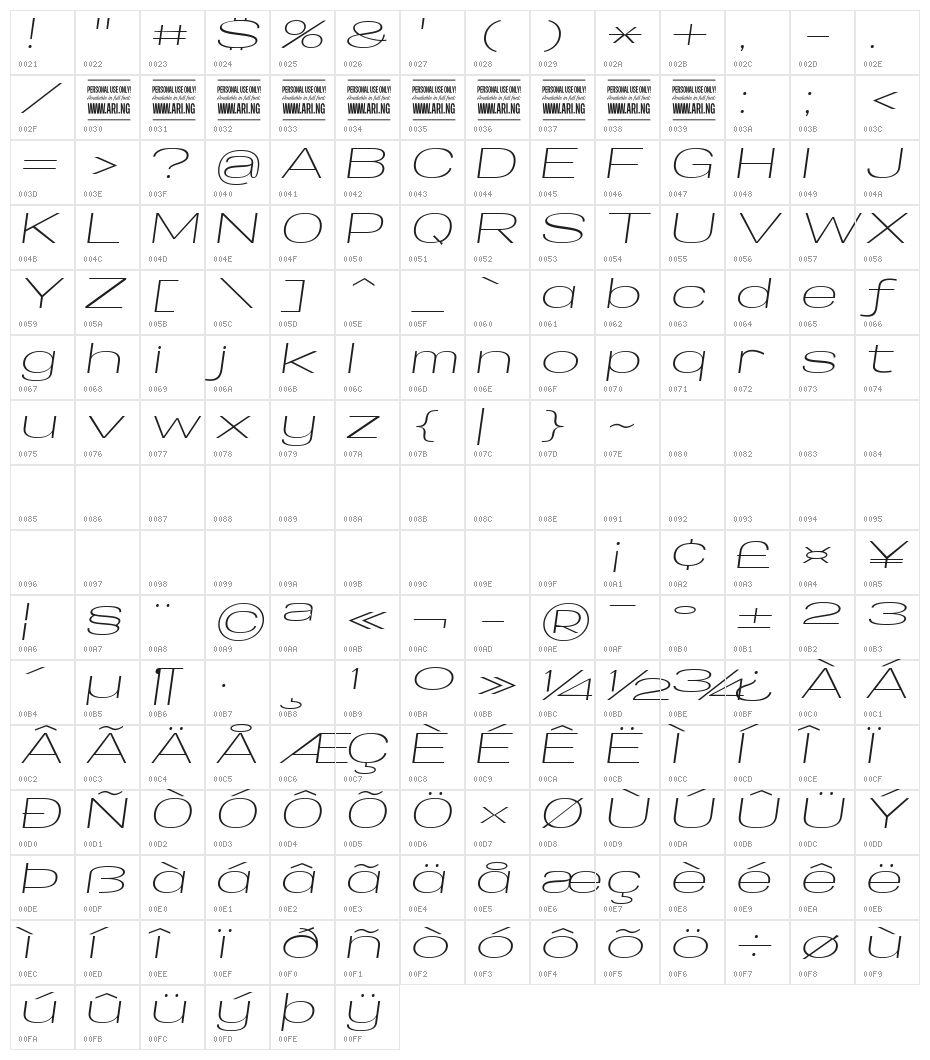Specify PERSONAL Extraexpanded Light Italic Character Map