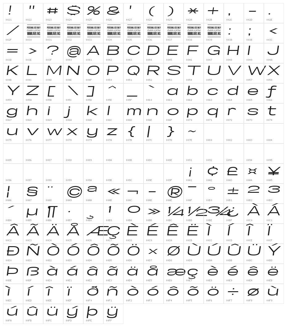 Specify PERSONAL Extraexpanded Medium Italic Character Map