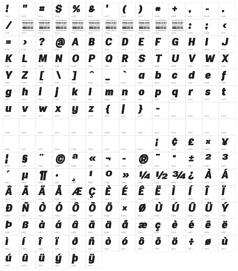 Specify PERSONAL Normal Black Italic Character Map