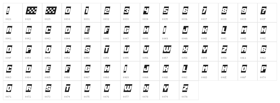 Speed Racing Negative Italic Character Map