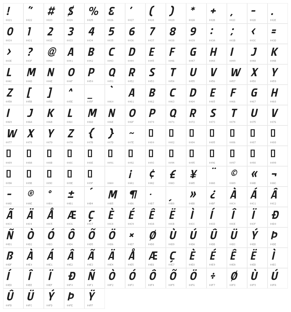 Splendid Plan 9 Italic Character Map
