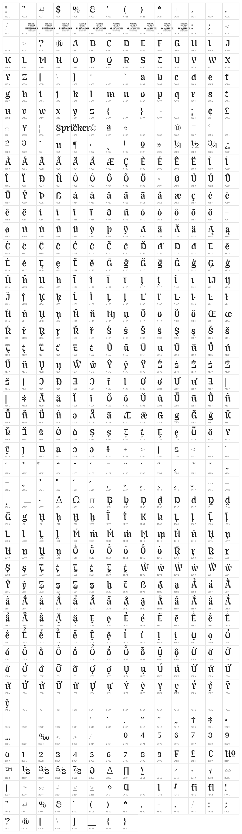 Spricker PERSONAL USE Regular Character Map
