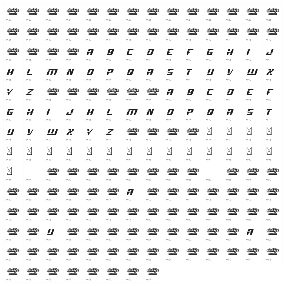 Sprint Race Demo Italic Character Map