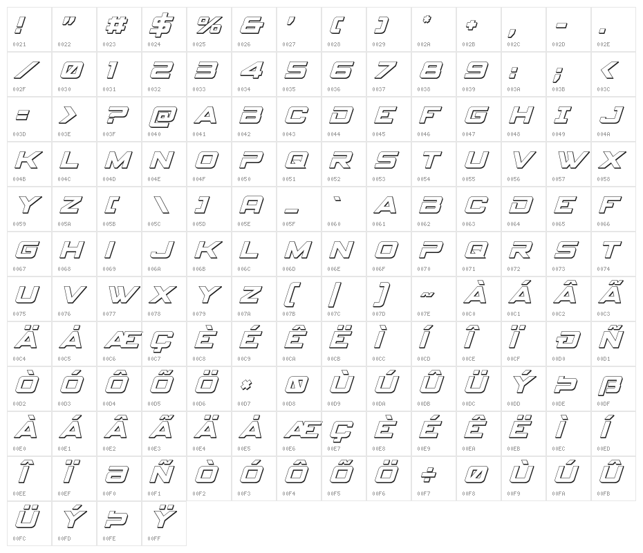 Spy Agency 3D Italic Character Map