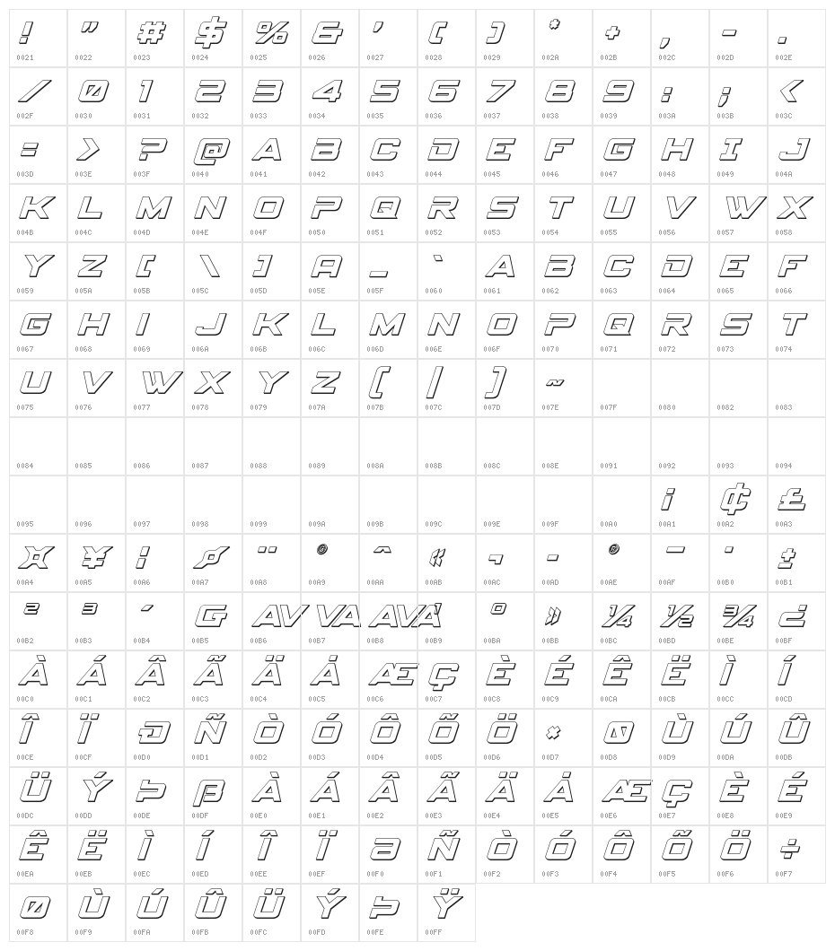 Spy Agency 3D Italic Character Map