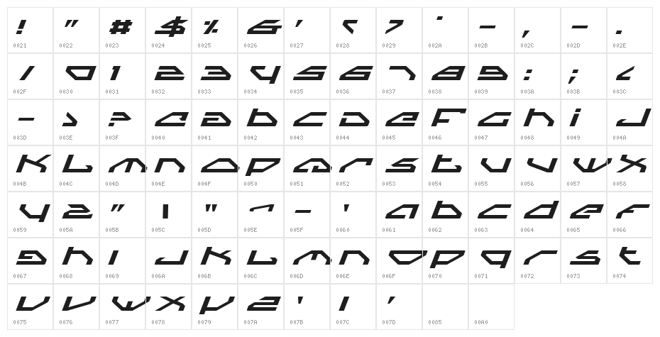 Spylord Expanded Italic Character Map